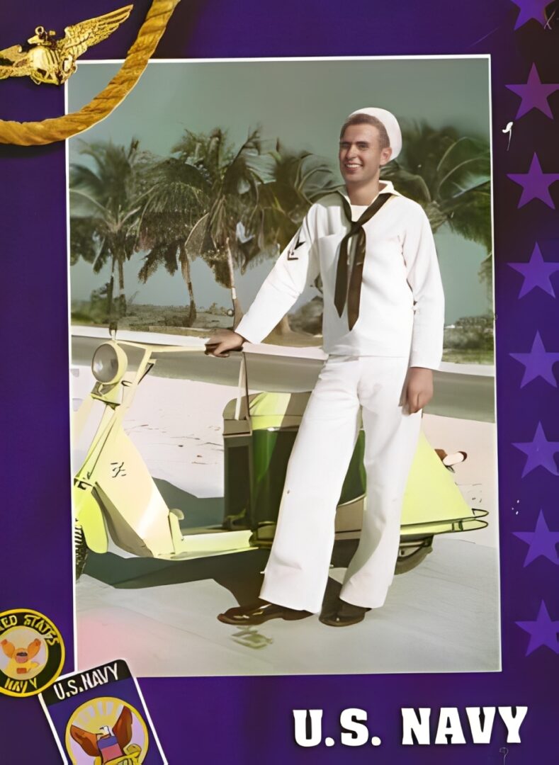 Sailor posing with scooter on beach